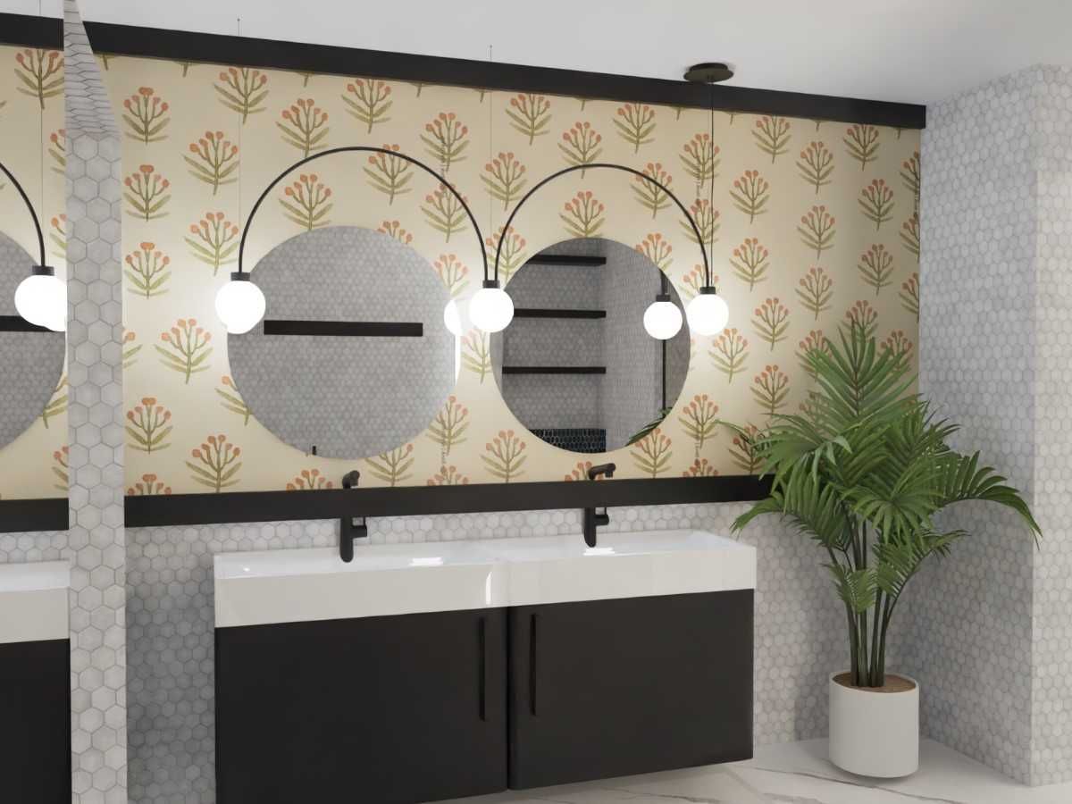 Fototapeta w łazience przy lustrach, umywalkach wannie  drobne wzoru