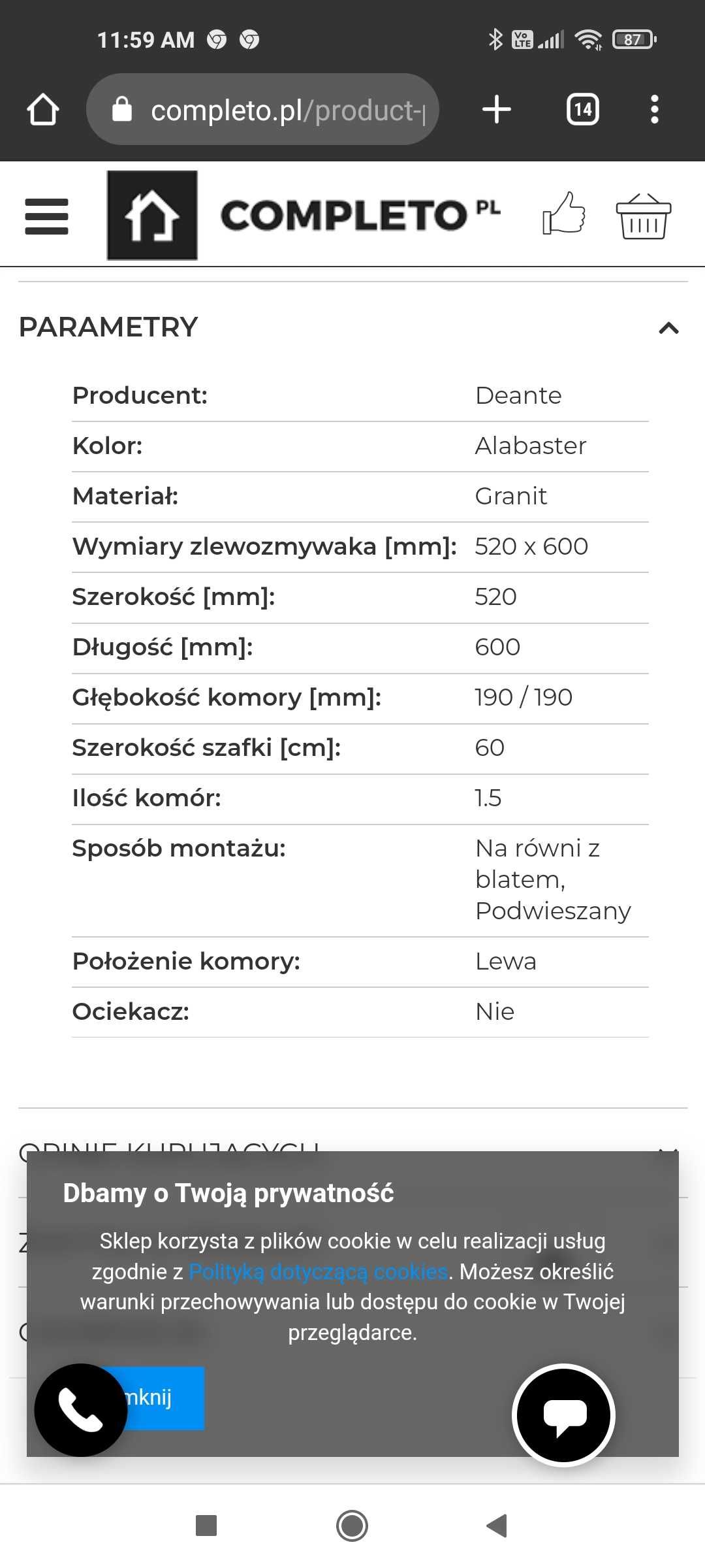 Zlewozmywak granitowy Deante Eridan ZQE A503 alabaster 1,5-komorowy