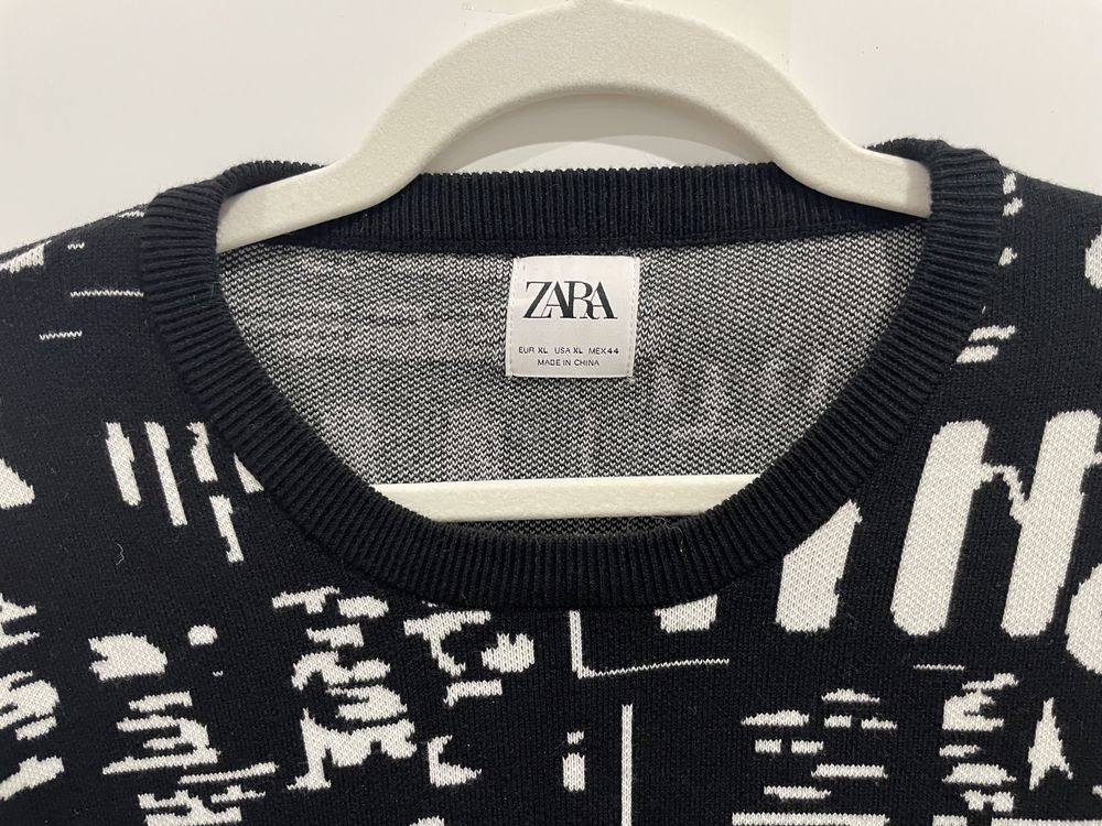 Sweter męski bluza dzianinowa czarny z białym Zara XL