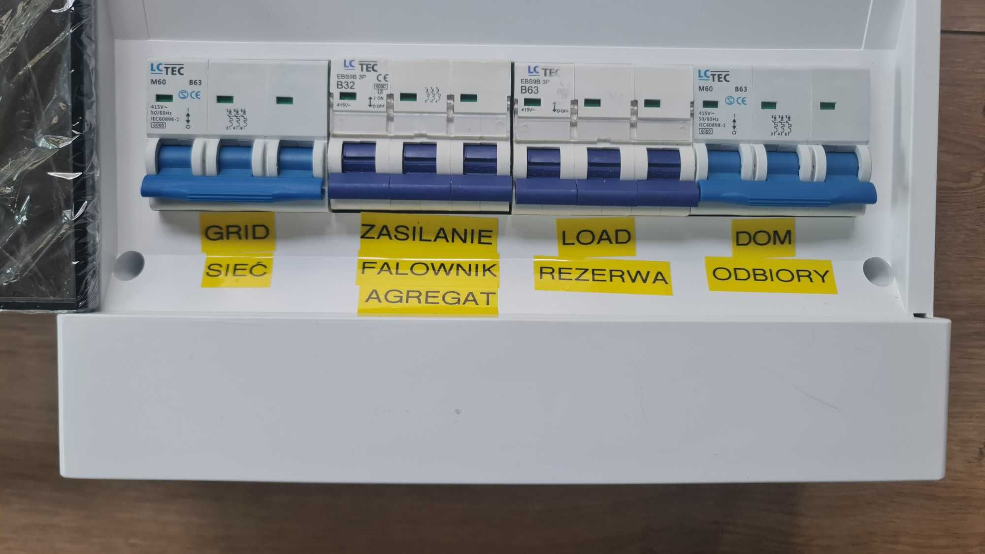 Rozdzielnica SZR rezerwa hybrydowa falownik Goodwe Sofar Deye 63A