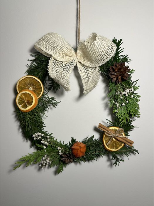 Naturalny ręcznie robiony wianek jesienny zimowy rękodzieło 27cm