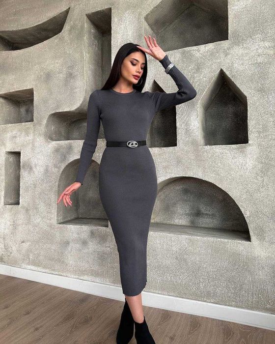 Жіноча тепла облягаюча сукня міді в рубчик З НАЧОСОМ тепле плаття