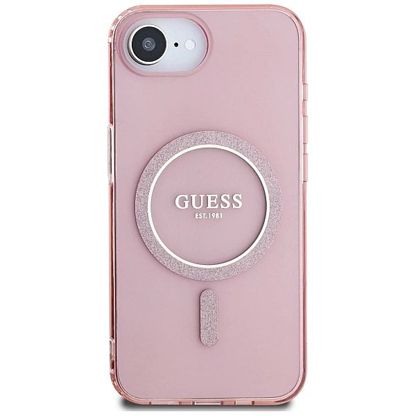 Etui Guess IML Glitter Circle MagSafe na iPhone 16e - różowe