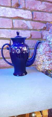 Vintage radziecki porcelanowy dzbanek ciemnoniebieski kobalt sygnowany