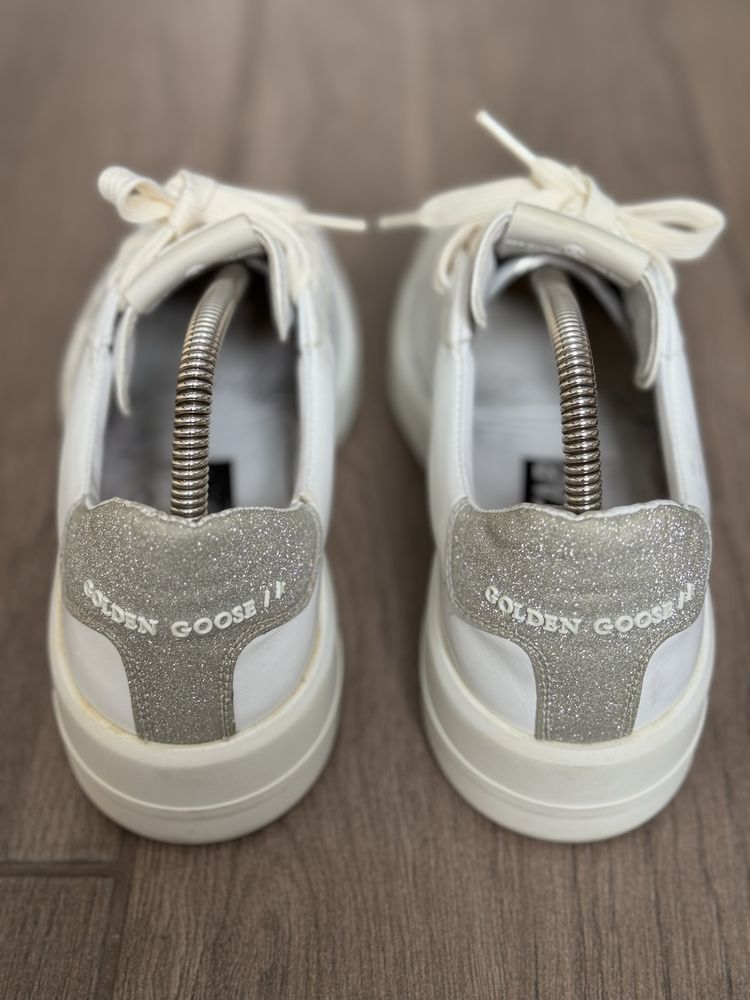 Golden Goose White/Silver Leather and Glitter Purestar Sneakers