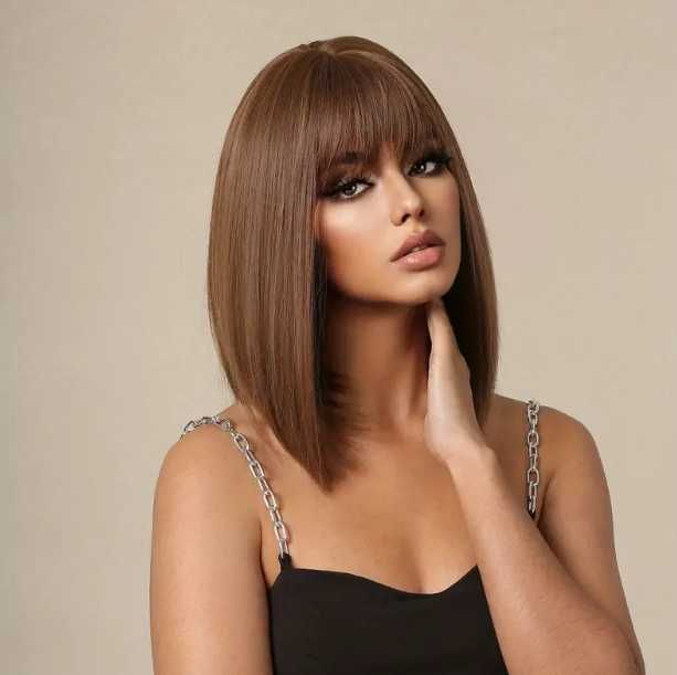 Peruka damska włosy brązowe proste dłuższy bob Wysyłka 24h PL