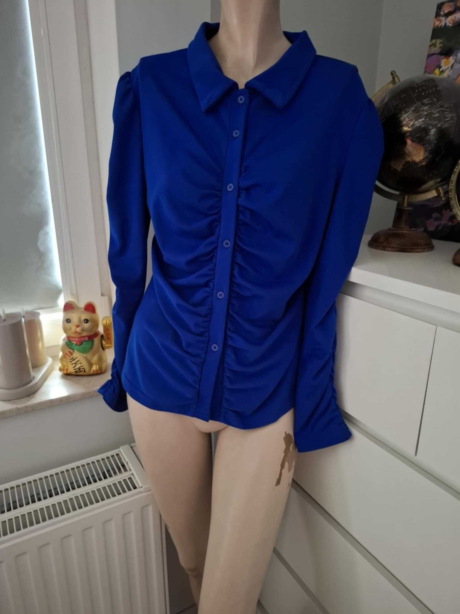 XL 42 niebieska chabrowa kobaltowa koszula drapowana marszczona retro
