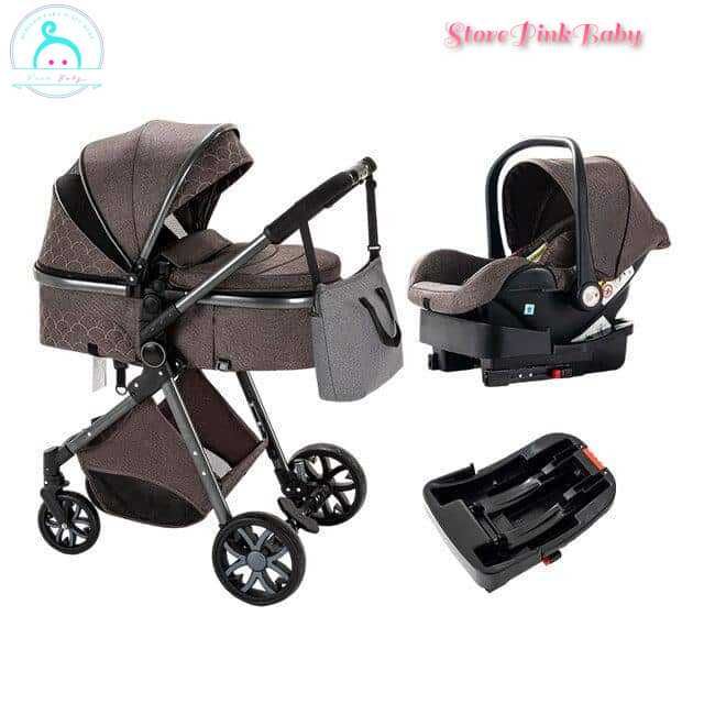 Carrinho bebé 3 em 1 PinkBaby Magic Gold - Com Base Isofix - Chocolate