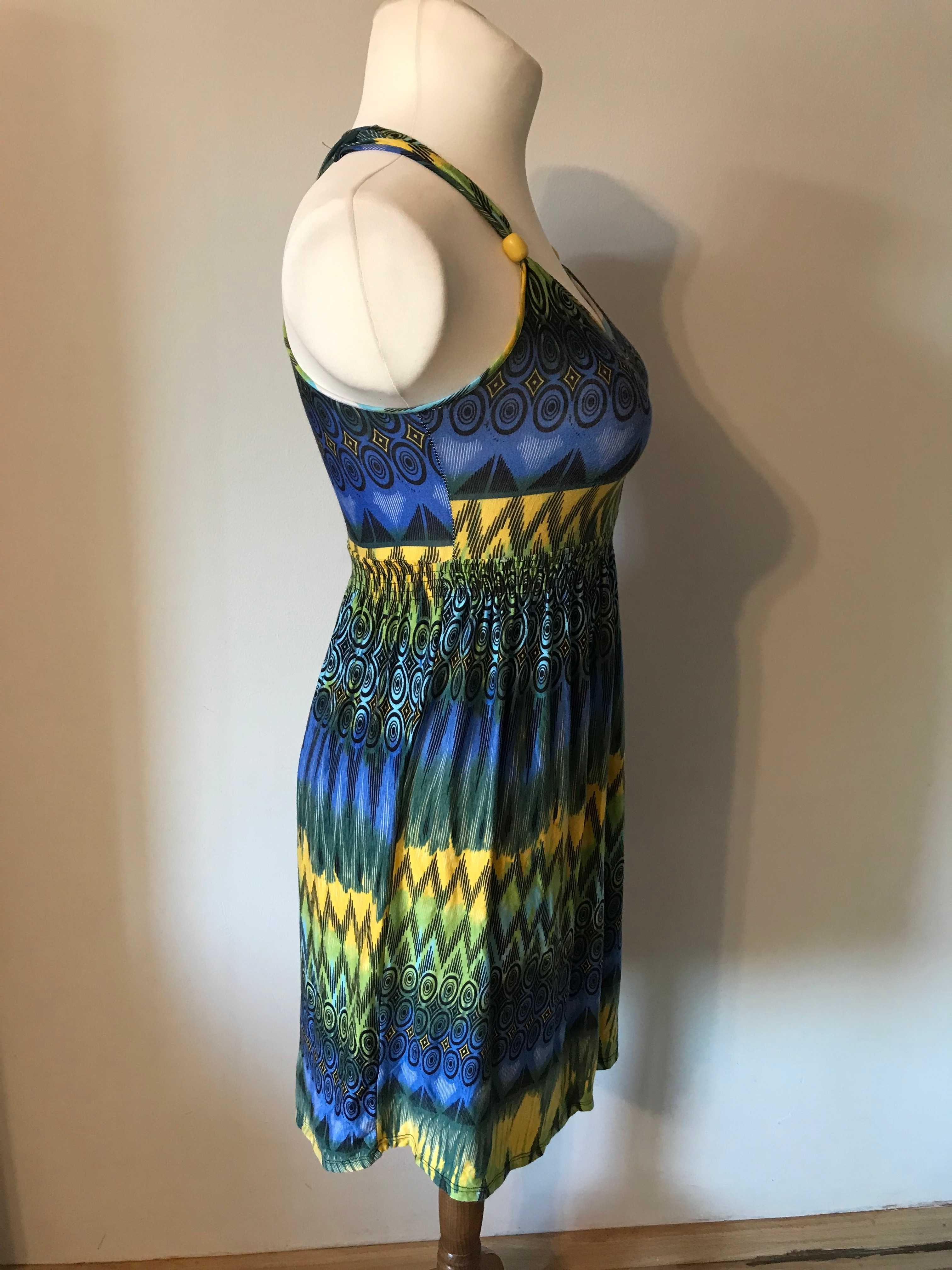 Tunika boho r. 38/40 niebiesko żółto zielona sukienka vintage hippie