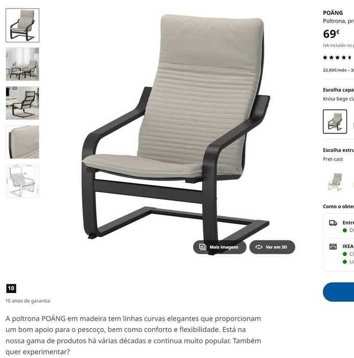 Poltrona - Modelo POÄNG, Preto com almofadas Cinza, IKEA