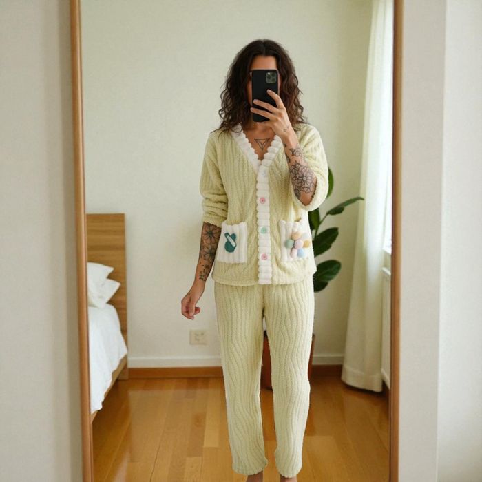 Puszysty damski komplet piżam w kolorze matcha  Nowy