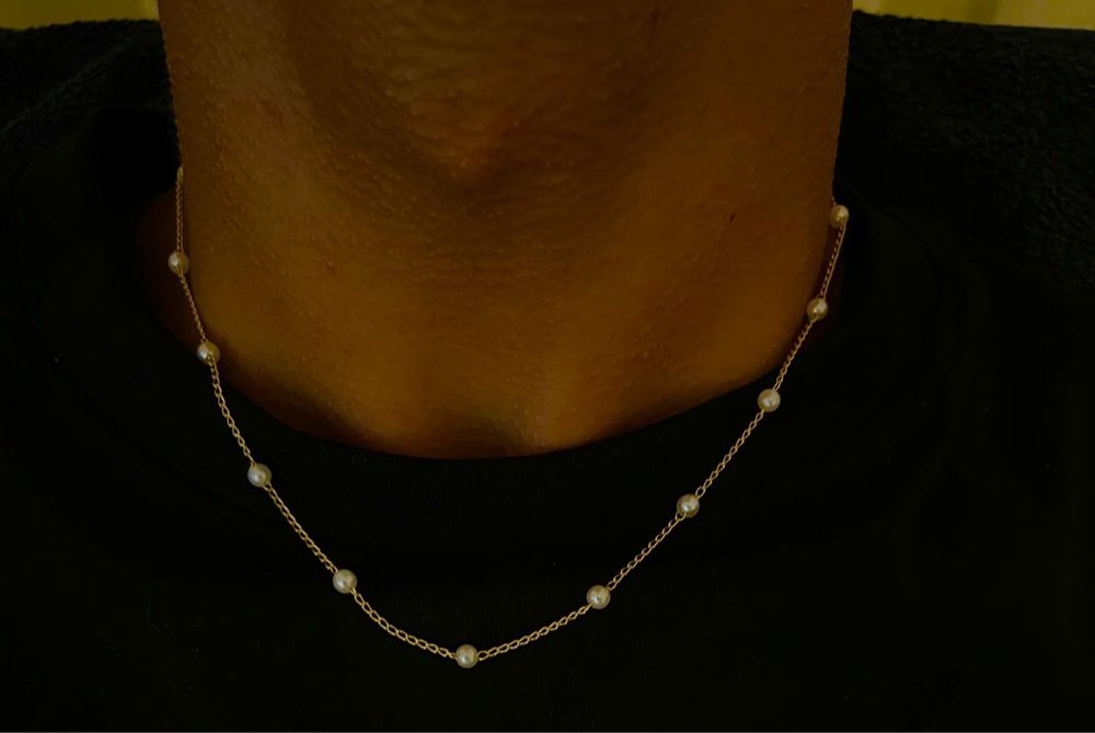 Colar para pescoço ou tornozelo, dourado com bolinhas brancas