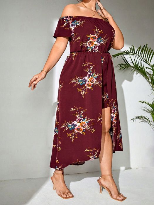 Kombinezon Letni Boho Hiszpanka W Kwiaty Burgundowy Casual Shein Xxl