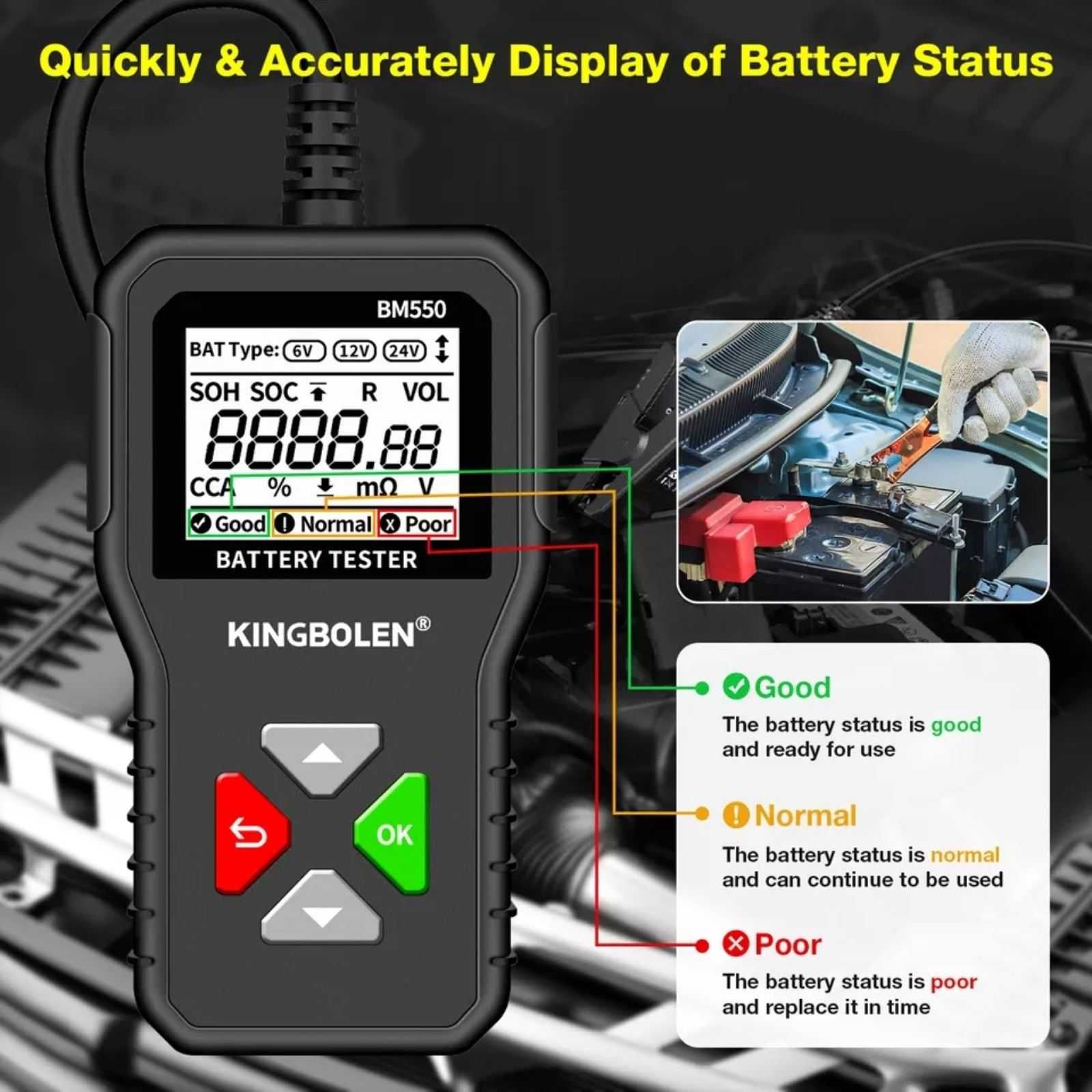 Автомобильный тестер аккумуляторов KINGBOLEN модель BM550 6/12/24В