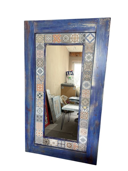 Duże lustro drewniane z kaflami w stylu rustykalnym 180x100