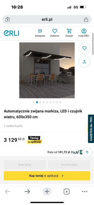 Automatycznie zwijana markiza, LED i czujnik wiatru, 600x350 cm