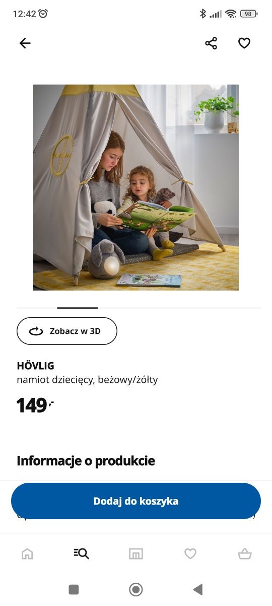 Namiot dziecięcy tipi Ikea hovling szaro/zolty