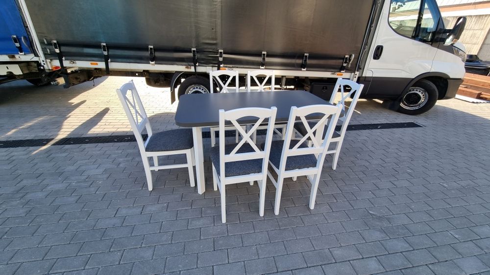 Od ręki: Stół z 6 krzesłami, nowe , biały/grafit + grafit (krzyż)