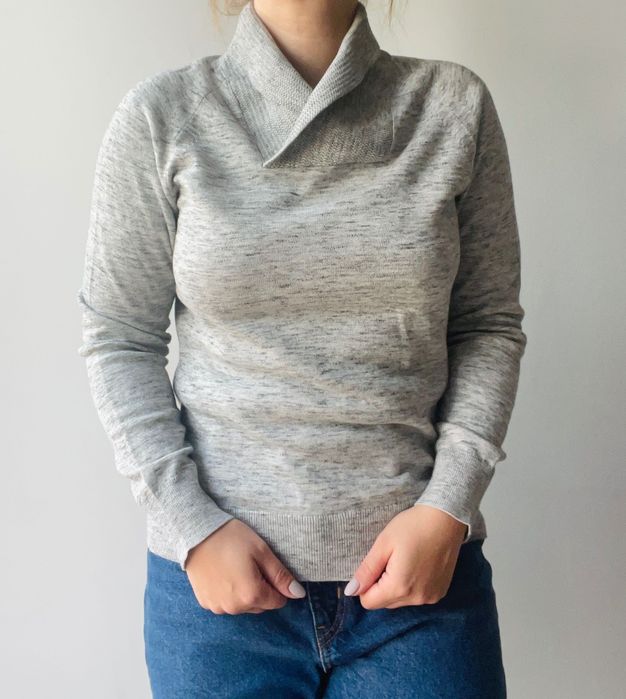 Sweter 100% bawełna szary melanżowy z kołnierzem taliowany H&M 36 S