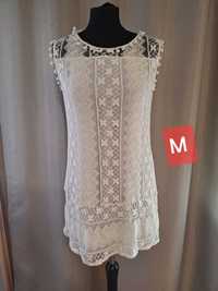 Tunika sukienka pareo M 38 biała koronka pompony