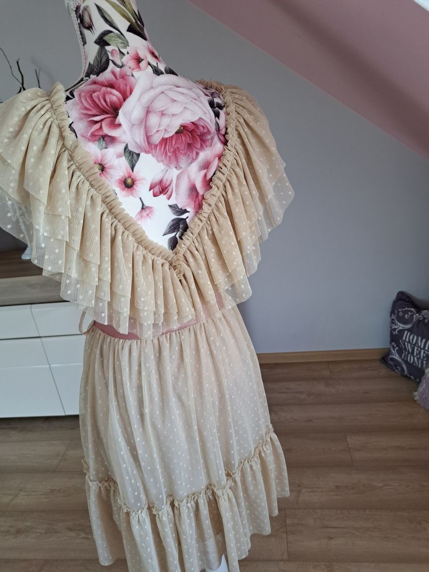 Sukienka MINI tiulowa  beżowa z falbanką Belisso