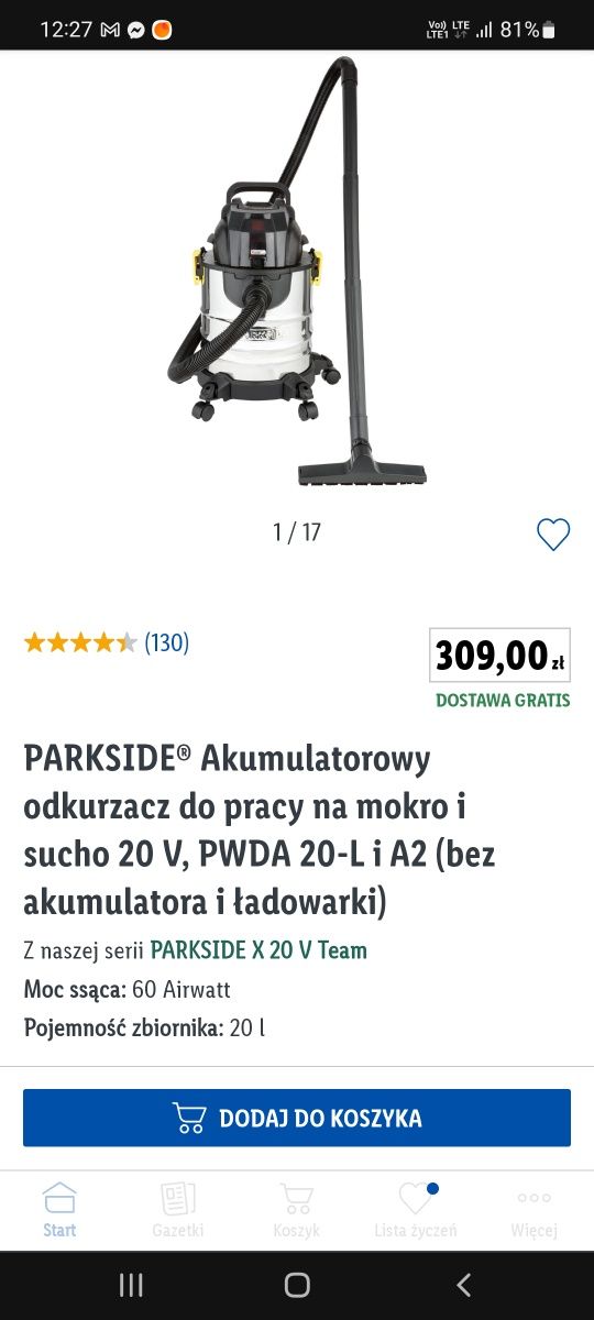 Odkurzacz akumulatorowy Parkside