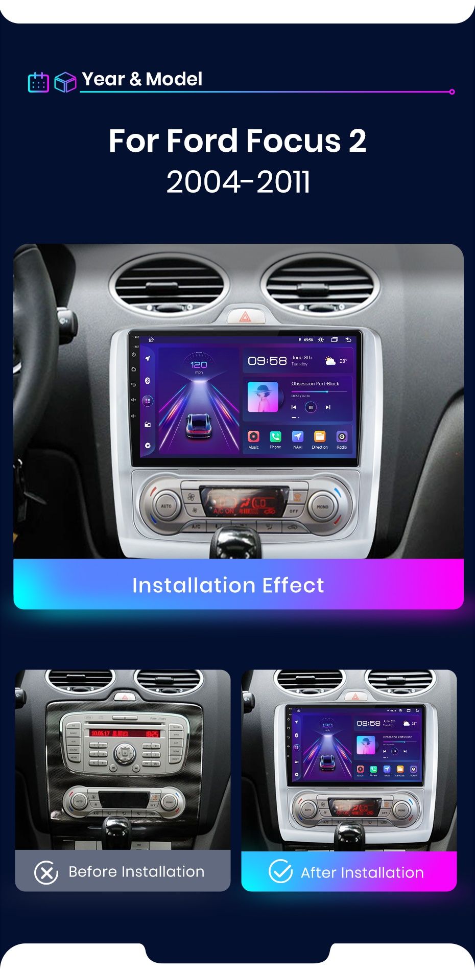 Rádio Android CARPLAY WIFI GPS 2/32GB BLUETOOTH Ford Focus 2 e 3 NOVO