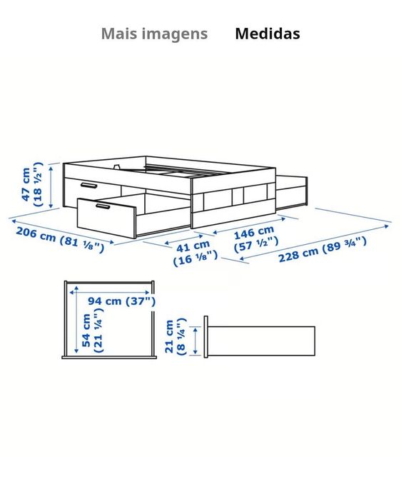 Cama IKEA Brimnes Branco 4 Gavetas + Colchão Hövâg 140x200cm