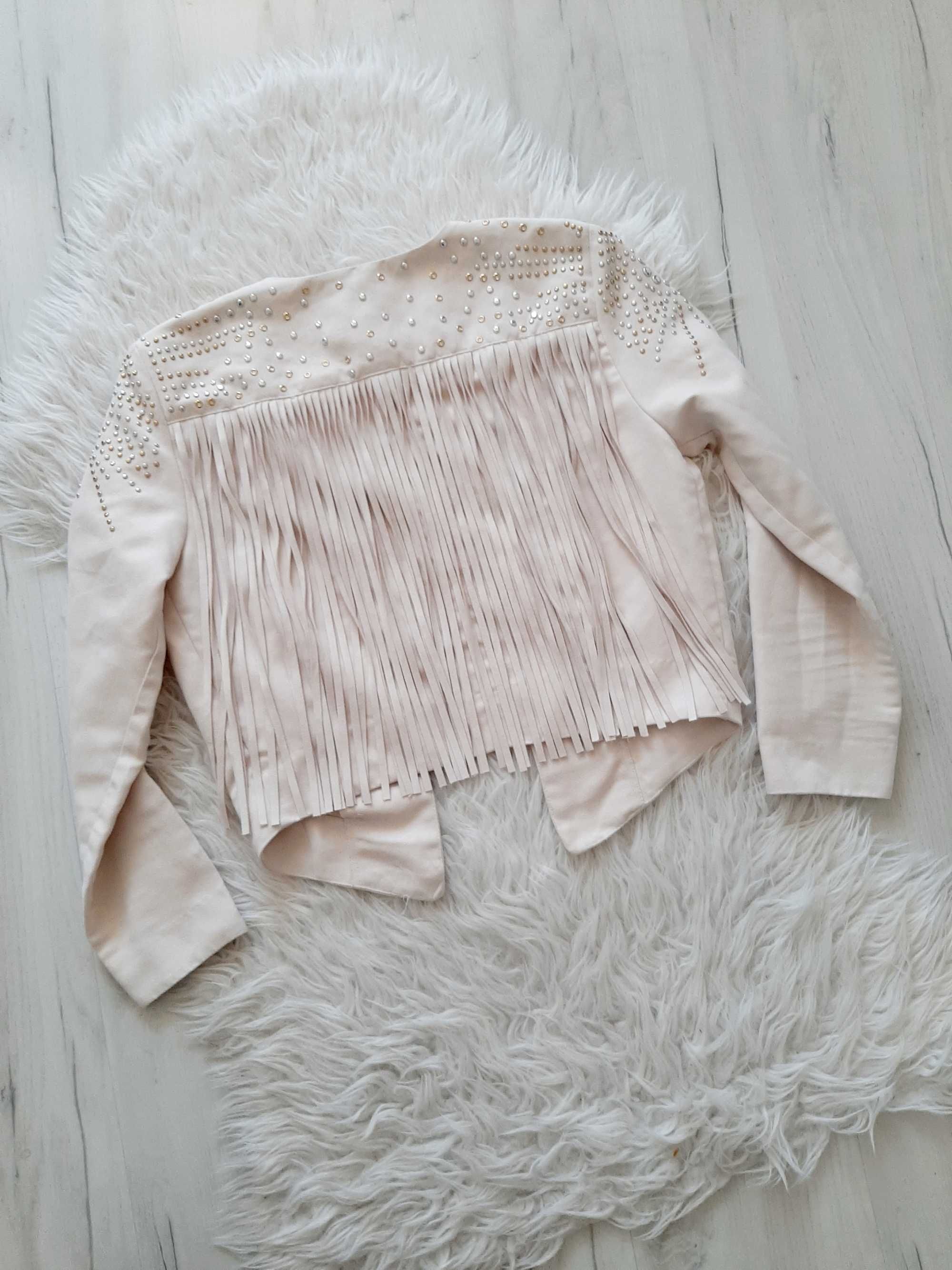 H&M piękna beżowa zamszowa ramoneska z frędzlami i dżetami S 36