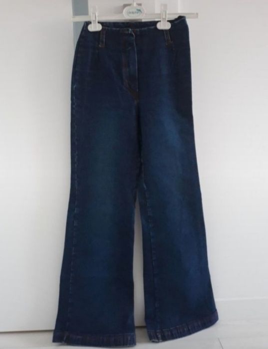 Spodnie jeansy jeansowe dżins granatowe dzwony szerokie nogawki XS 34
