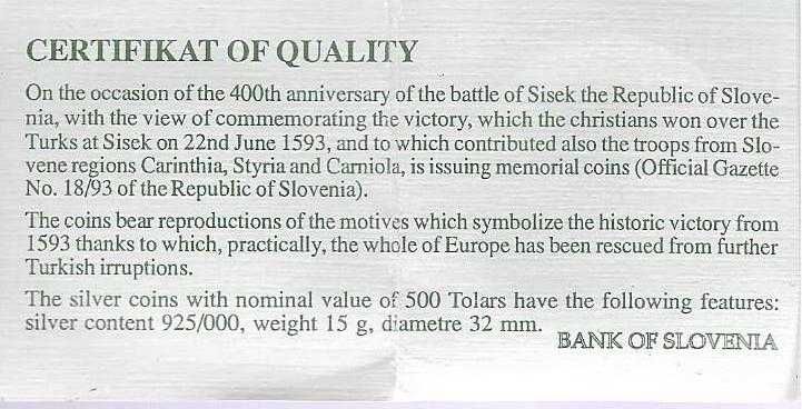 Eslovénia - - - "Batalha de Sisek" - - - - - Moeda de Prata