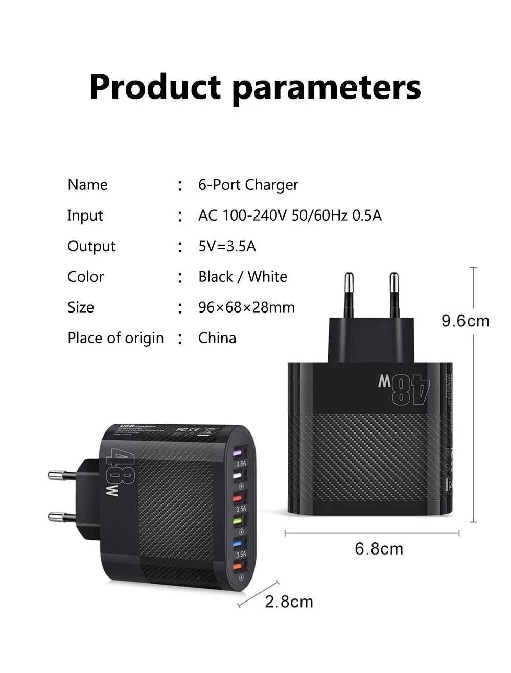 Szybka ładowarka sieciowa 6 USB 48W telefon tablet itp.