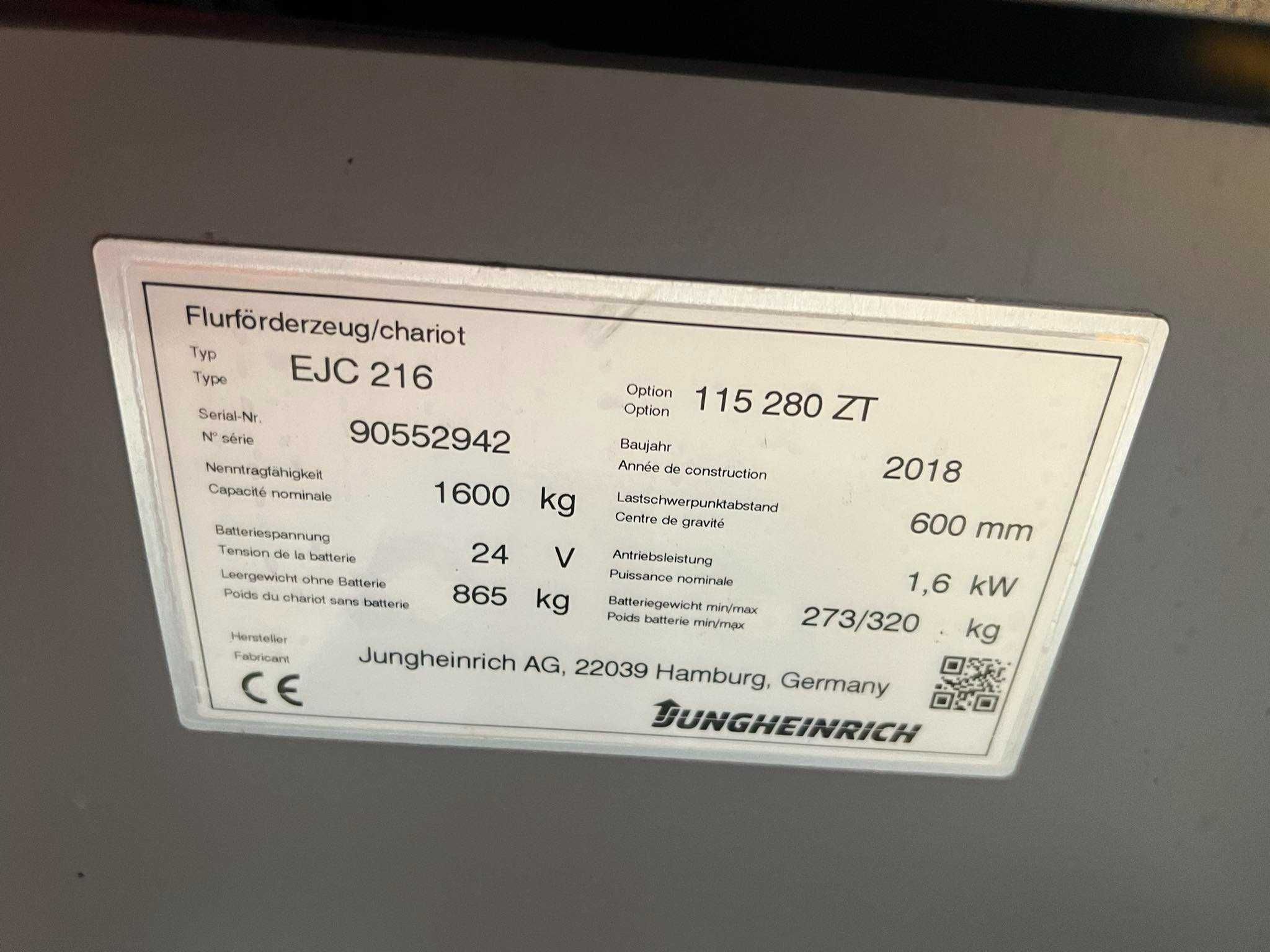 Paleciak elektryczny Jungheinrich EJC 216  2018 rok 1600kg FHP 094