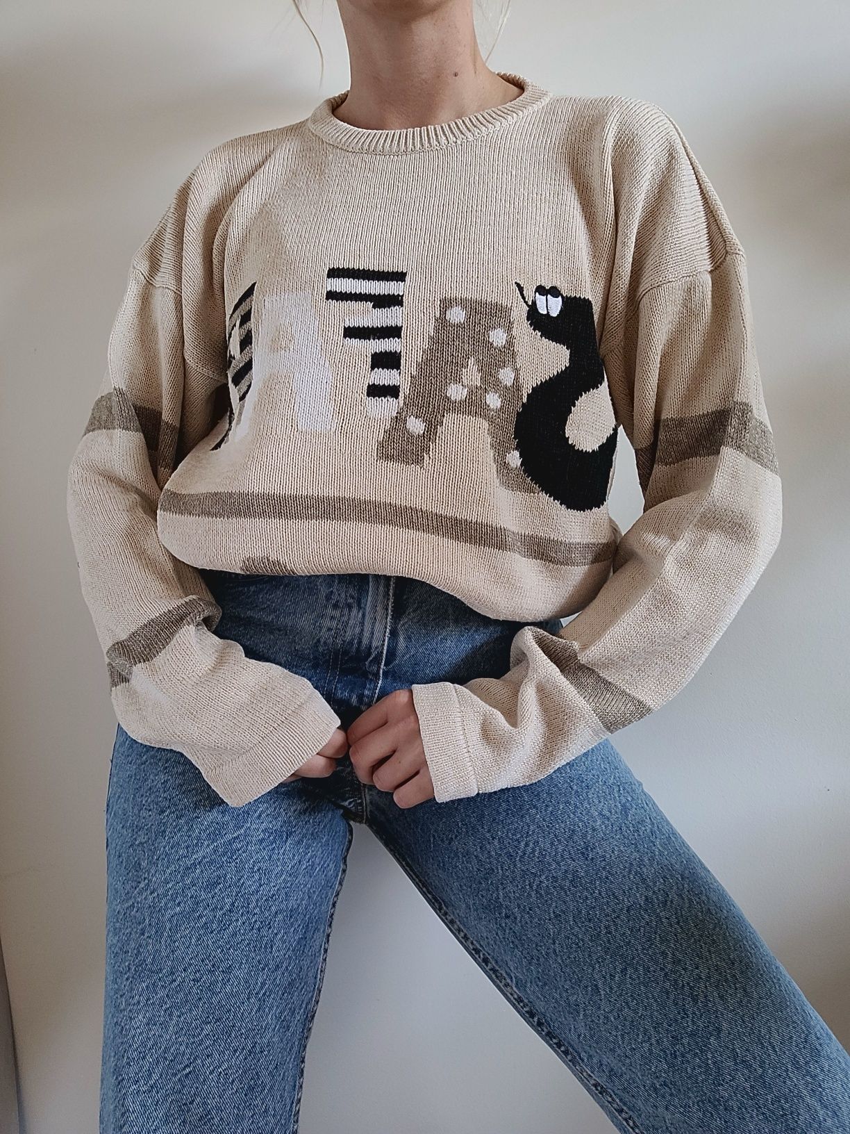 Długi lniany oldschoolowy sweter oversize safari unikat vintage