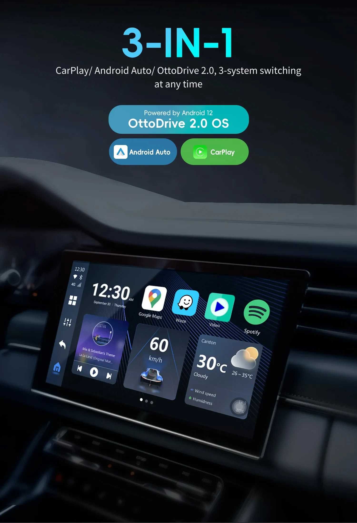Ottocast Picasou 3 Android 12 авто приставка через CarPlay, 8/128 ГБ