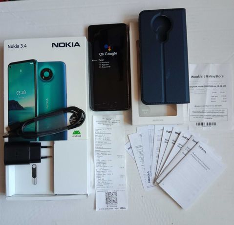 Смартфон Nokia 3.4 на гарантии + чехол-книжка + защитное стекло