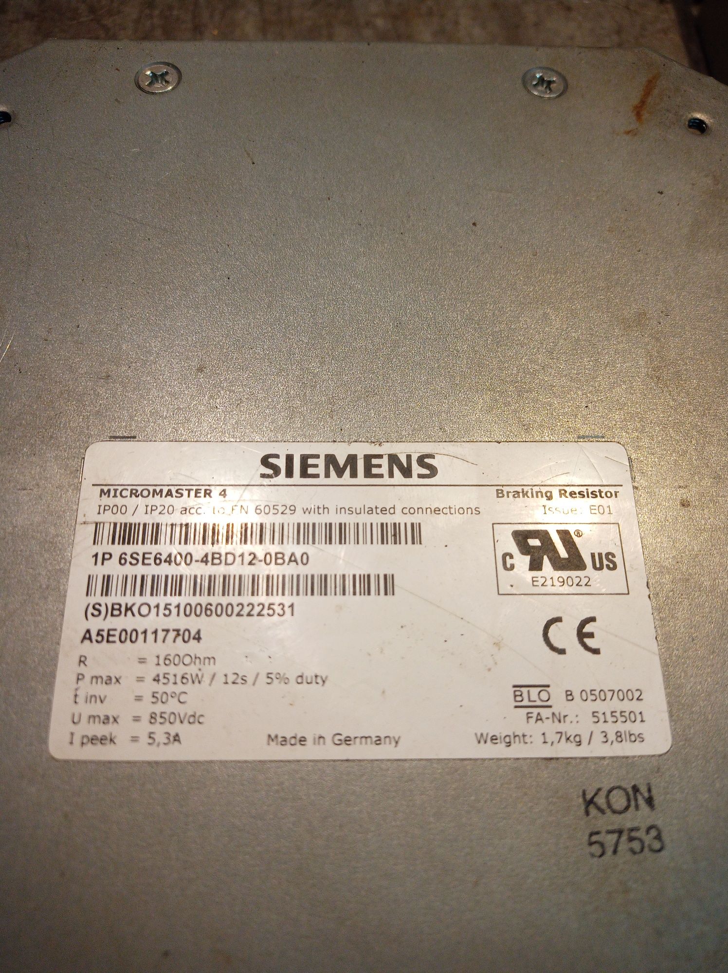 Rezystor hamowania Siemens , sztuczne obciążenie