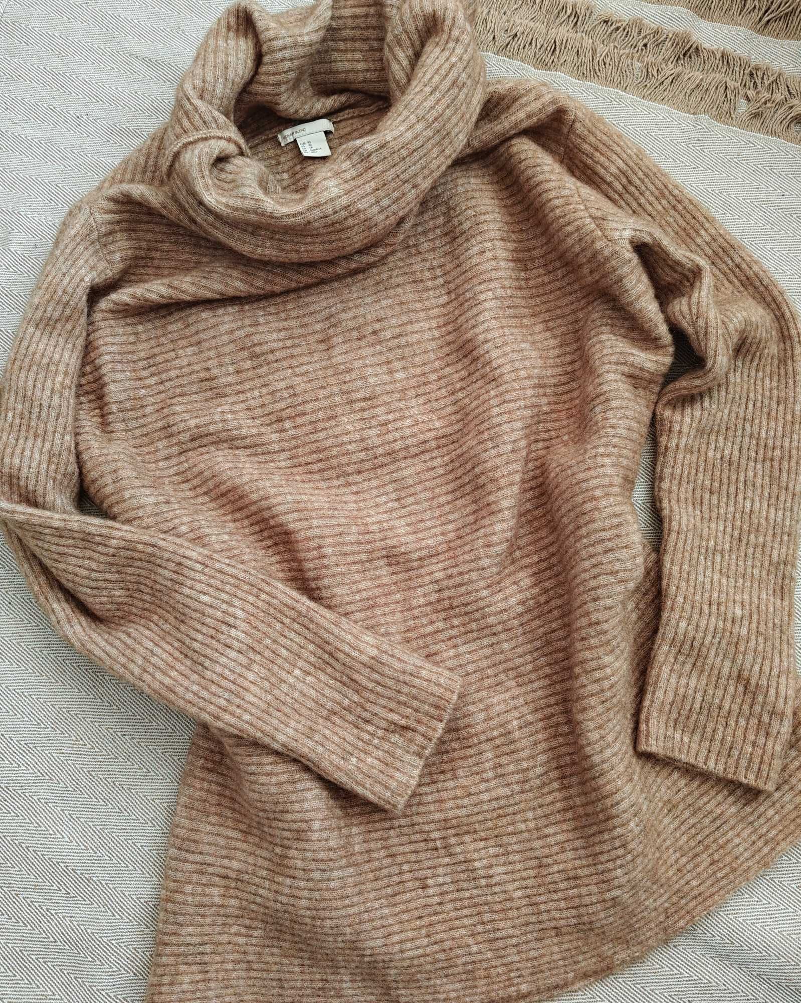 Sweter damski brązowy z golfem H&M Moher ciepły miły długi jesień  M/L
