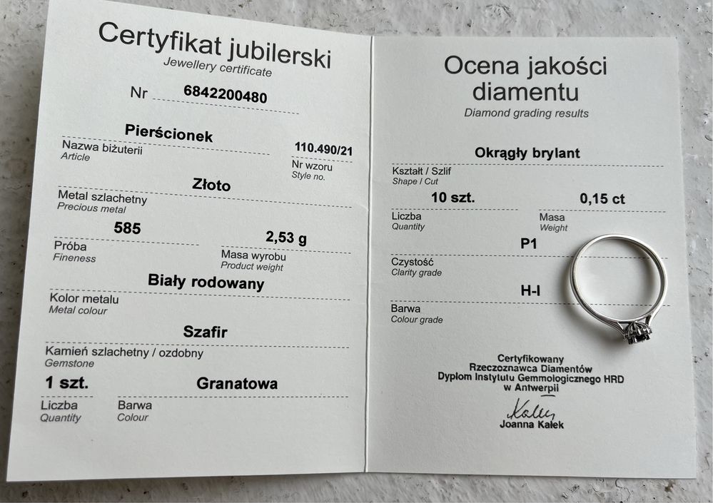 pierscionek białe złoto 585,diamenty,szafit