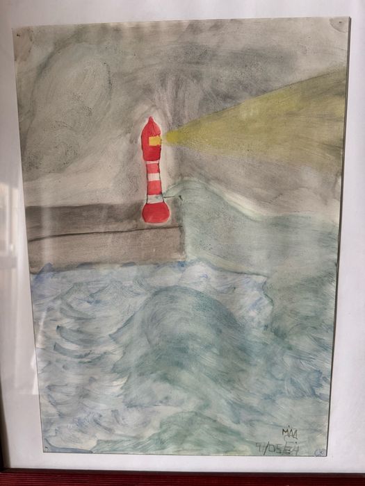 Quadro Pintado à Mão – Farol no Mar - Aquarela emoldurada