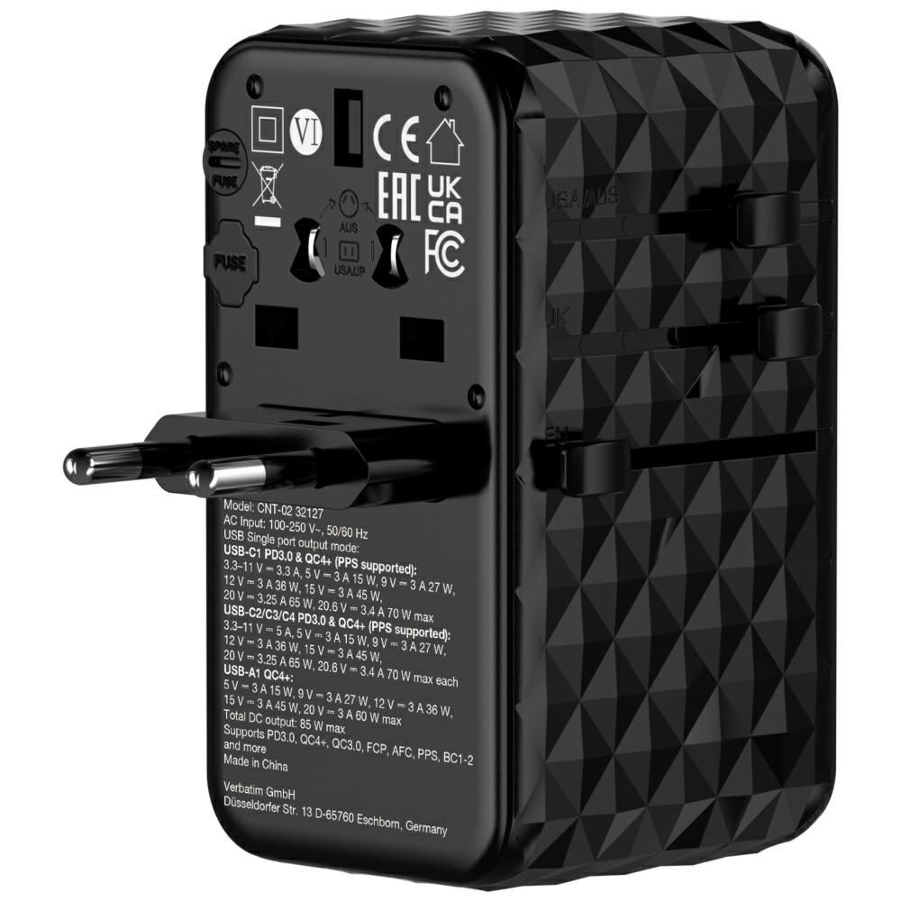 Verbatim Adapter podróżny EU/UK/US GaN   USB-A/3xUSB-C PD 85W CNT-02
