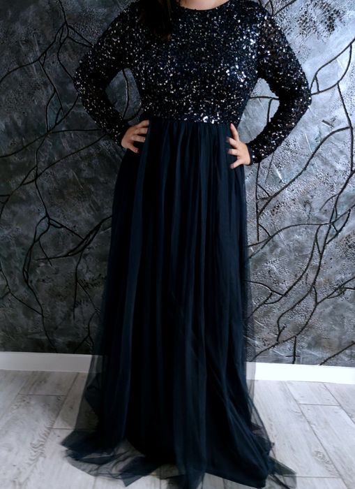 Długa suknia balowa wieczorowa z cekinami długim rękawem rozmiar xl 42