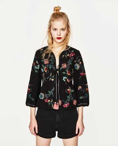 Casaco preto bordado floral NOVO e Bolero azul-acinzentado S (34/36)