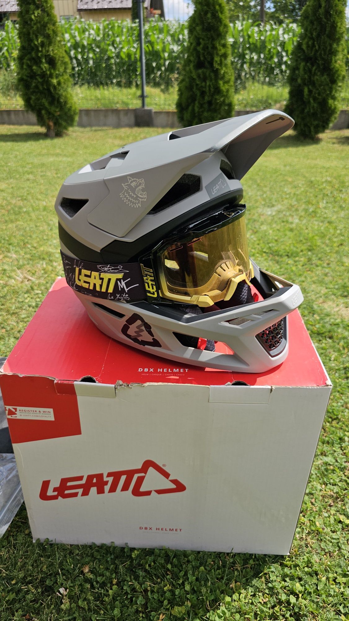 Kask gogle Leatt fullface zbroja Fox 3DO kierownica + mostek Endura