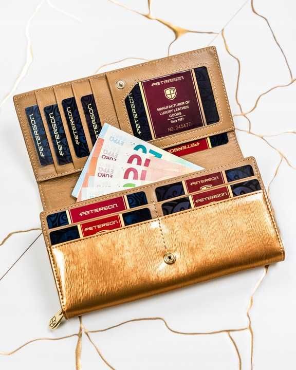Peterson portfel skórzany damski Gold Champagne duży elegancki RFID