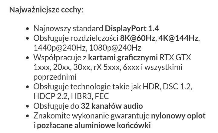 Kabel Przewód Displayport 1.4 DP-DP 8k 60Hz