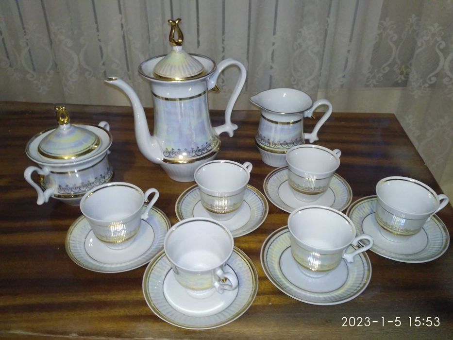 Фарфор кофейный сервиз с позолотой 15 предметов порцеляна чашка сервіз