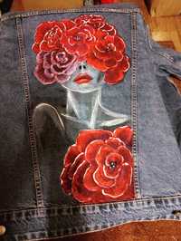 Ręcznie malowana kurtka jeansowa z dowolnym wzorem handmade rekodzielo