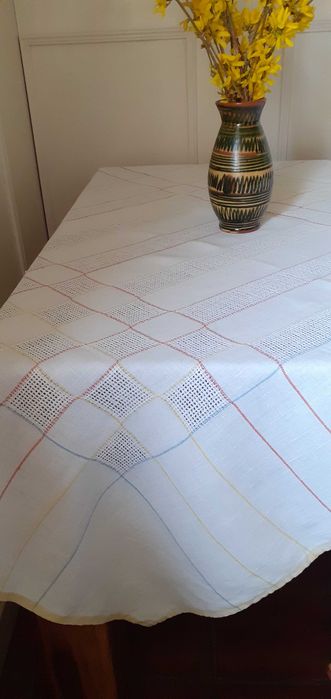 Obrus lniany ażurowe wzory biały + kolor