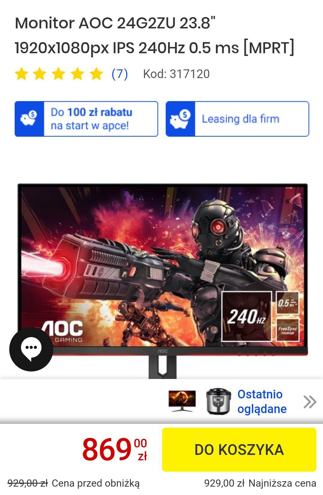 Monitor AOC 24G2ZU 23.8" 1920x1080px IPS 240Hz 0.5 ms